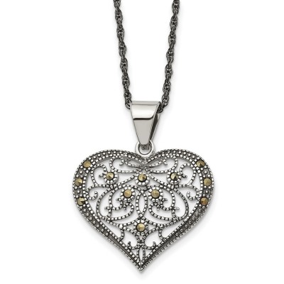 Stainless Steel Antiqued and Polished w/Marcasite Heart 20in Necklace