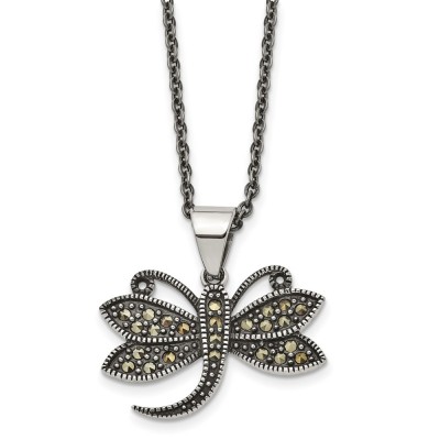 Stainless Steel Antiqued & Polished w/Marcasite Dragonfly 18in Necklace