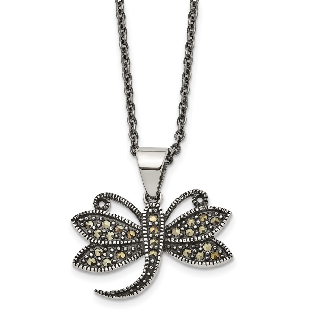 Stainless Steel Antiqued & Polished w/Marcasite Dragonfly 18in Necklace