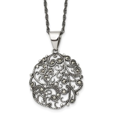 Stainless Steel Antiqued and Polished Marcasite Circle 20in Necklace