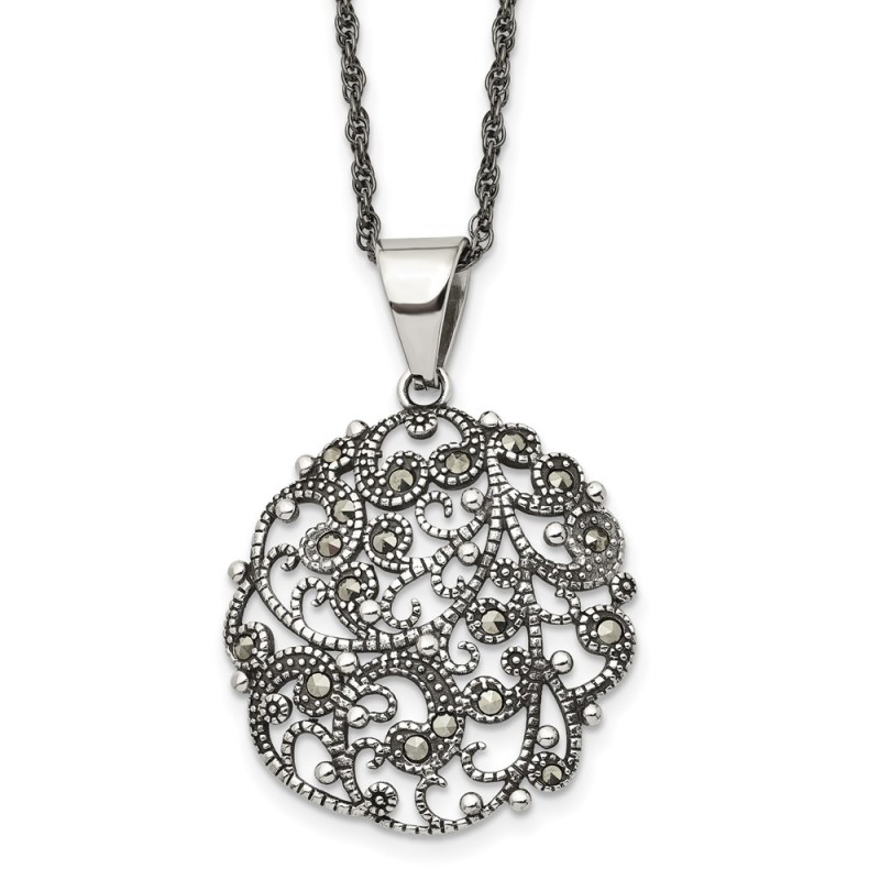 Stainless Steel Antiqued and Polished Marcasite Circle 20in Necklace