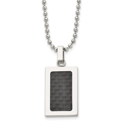 Stainless Steel 22in Polished w/Black Carbon Fiber Inlay Rectangle Necklac