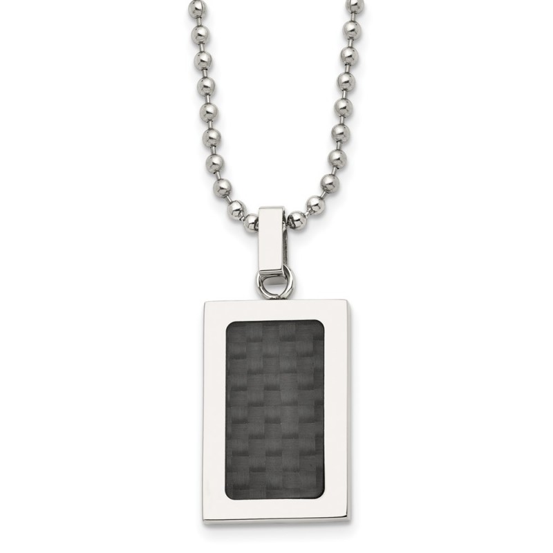 Stainless Steel 22in Polished w/Black Carbon Fiber Inlay Rectangle Necklac