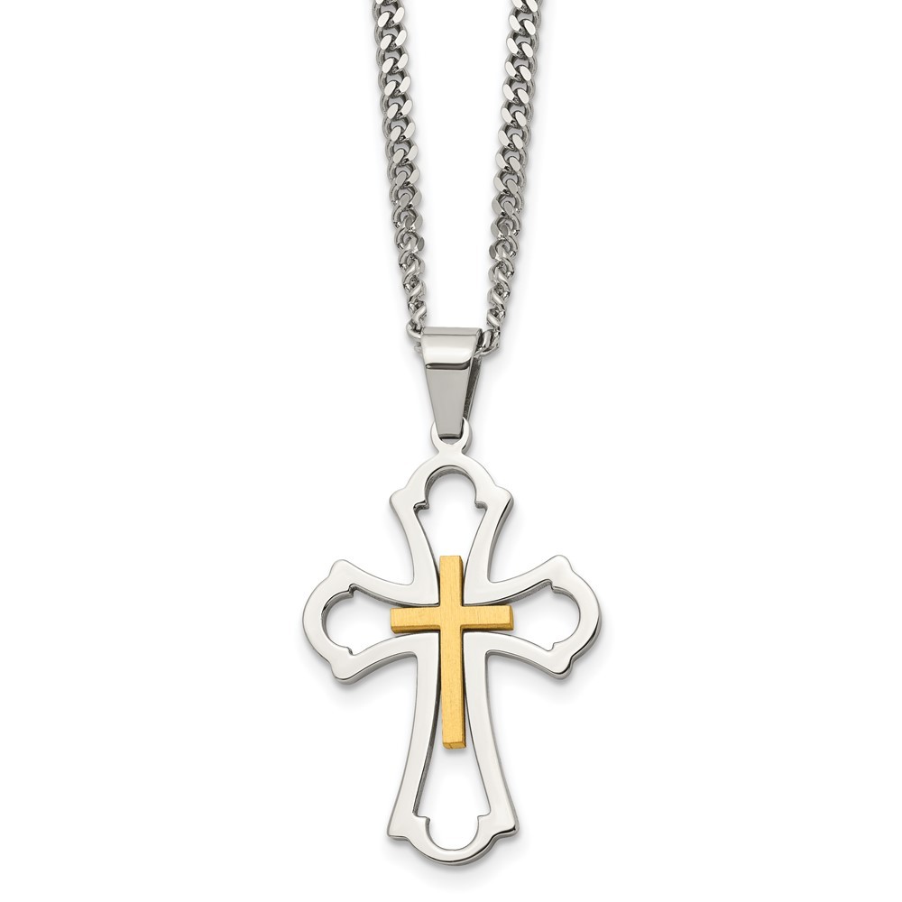 Stainless Steel Brushed & Polished Yellow IP-plated Cross Necklace