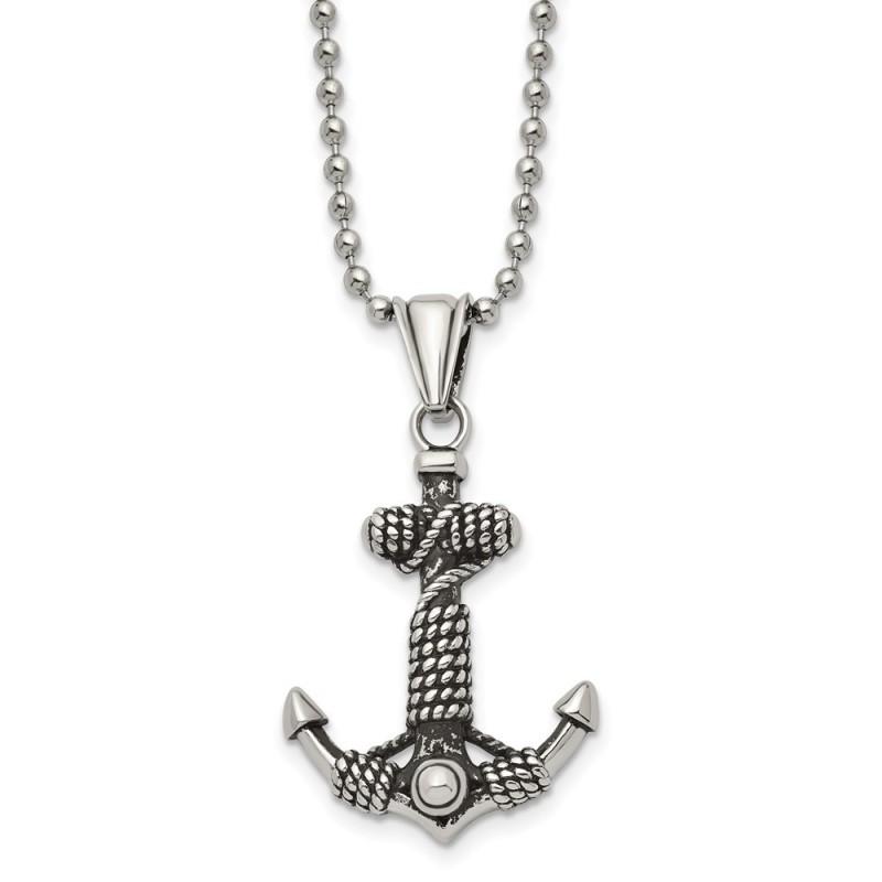 Stainless Steel Antiqued and Polished Anchor 24in Necklace