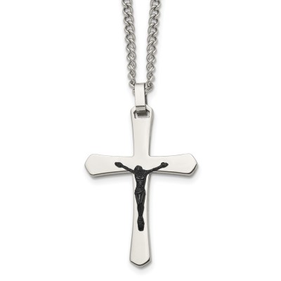 Stainless Steel Polished Black IP-plated Crucifix 24in Necklace