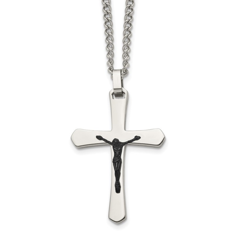 Stainless Steel Polished Black IP-plated Crucifix 24in Necklace