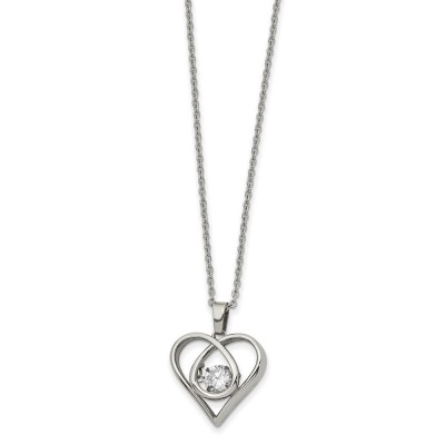 Stainless Steel Polished Vibrant CZ Heart 16in w/2in ext 16in Necklace