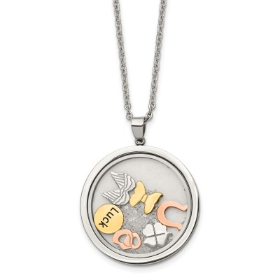 Stainless Steel Rose & Yellow IP w/Crystal Luck Charms w/2in ext Necklace