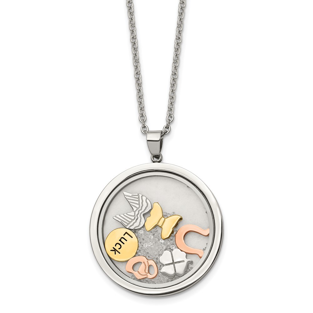Stainless Steel Rose & Yellow IP w/Crystal Luck Charms w/2in ext Necklace