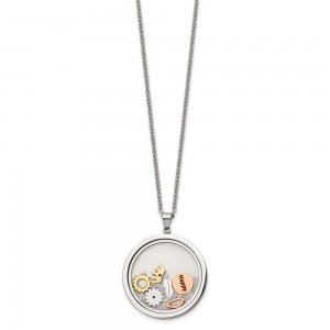 Stainless Steel Rose & Yellow IP w/Crystal Happy Charms 2in ext Necklace
