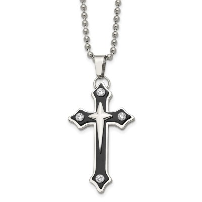 Stainless Steel Polished Black IP-plated w/CZ Cross 20in Necklace