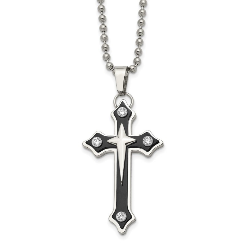 Stainless Steel Polished Black IP-plated w/CZ Cross 20in Necklace