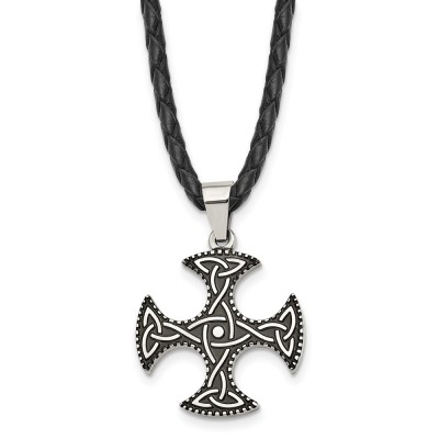 Stainless Steel Polished Enameled Celtic Cross 18in Leather Cord Necklace