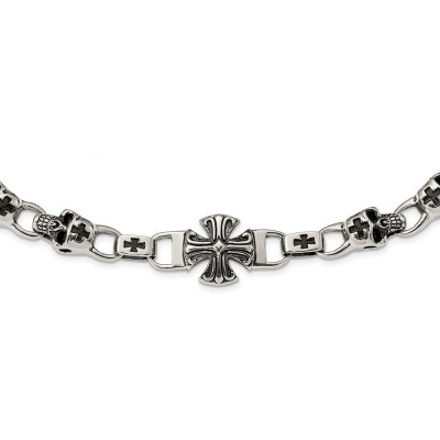 Stainless Steel Antiqued and Polished Skull and Cross 24in Necklace