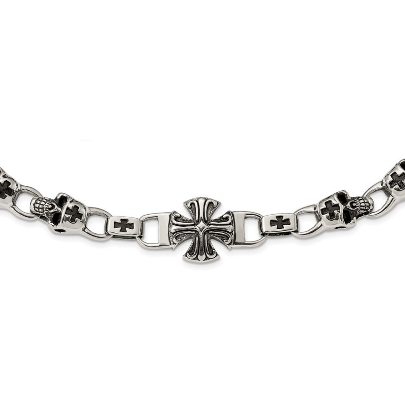 Stainless Steel Antiqued and Polished Skull and Cross 24in Necklace