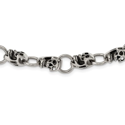 Stainless Steel Antiqued and Polished Skull 24in Necklace