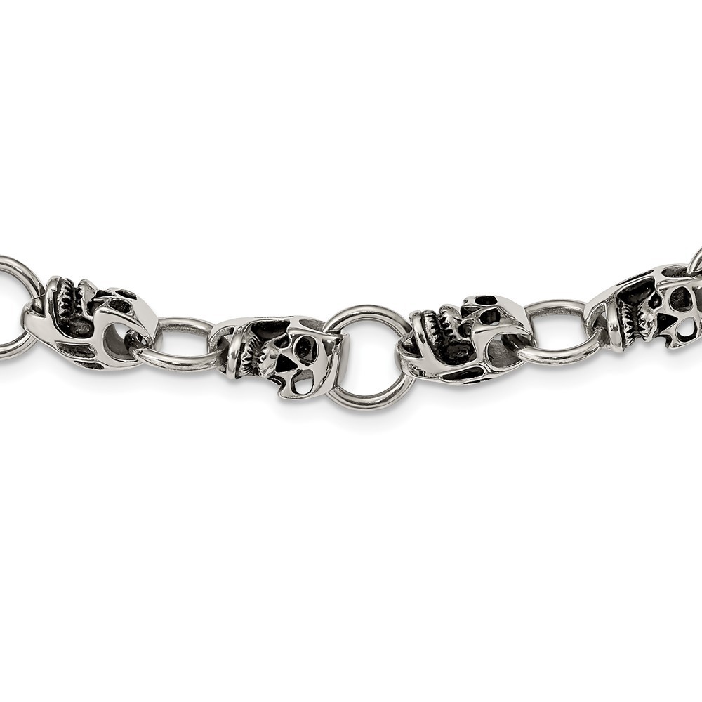 Stainless Steel Antiqued and Polished Skull 24in Necklace