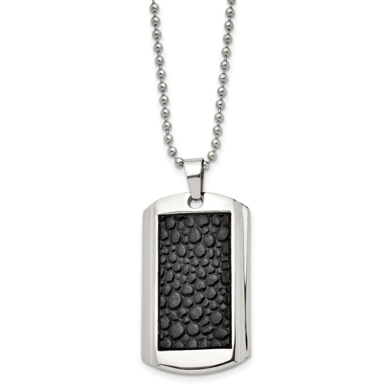 Stainless Steel Polished Stingray Imitation Leather Dog Tag 24in Necklace
