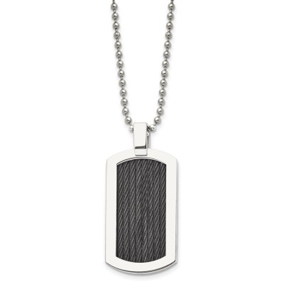 Stainless Steel Polished w/Black IP-Plated Cable Dog Tag 24in Necklace