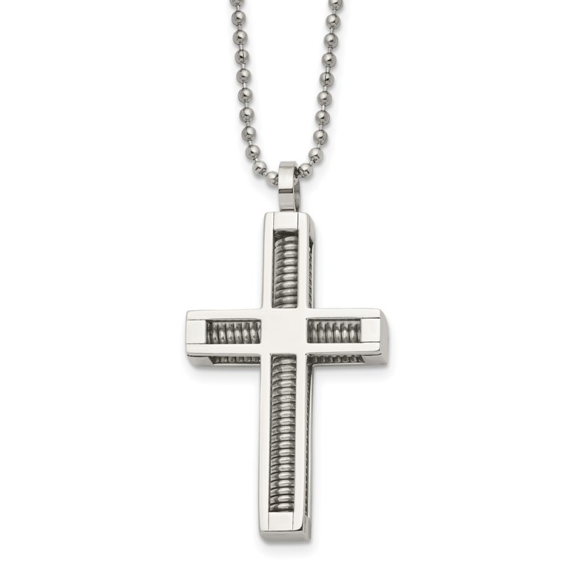 Stainless Steel Polished Cross 24in Necklace