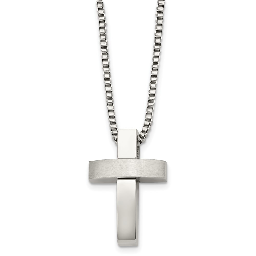 Stainless Steel Brushed and Polished Cross 22in Necklace