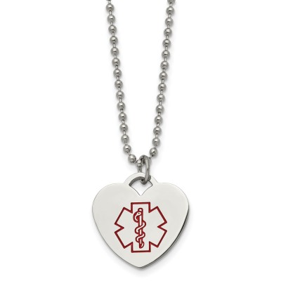 Stainless Steel Polished w/Red Enamel Heart Medical ID 22in Necklace