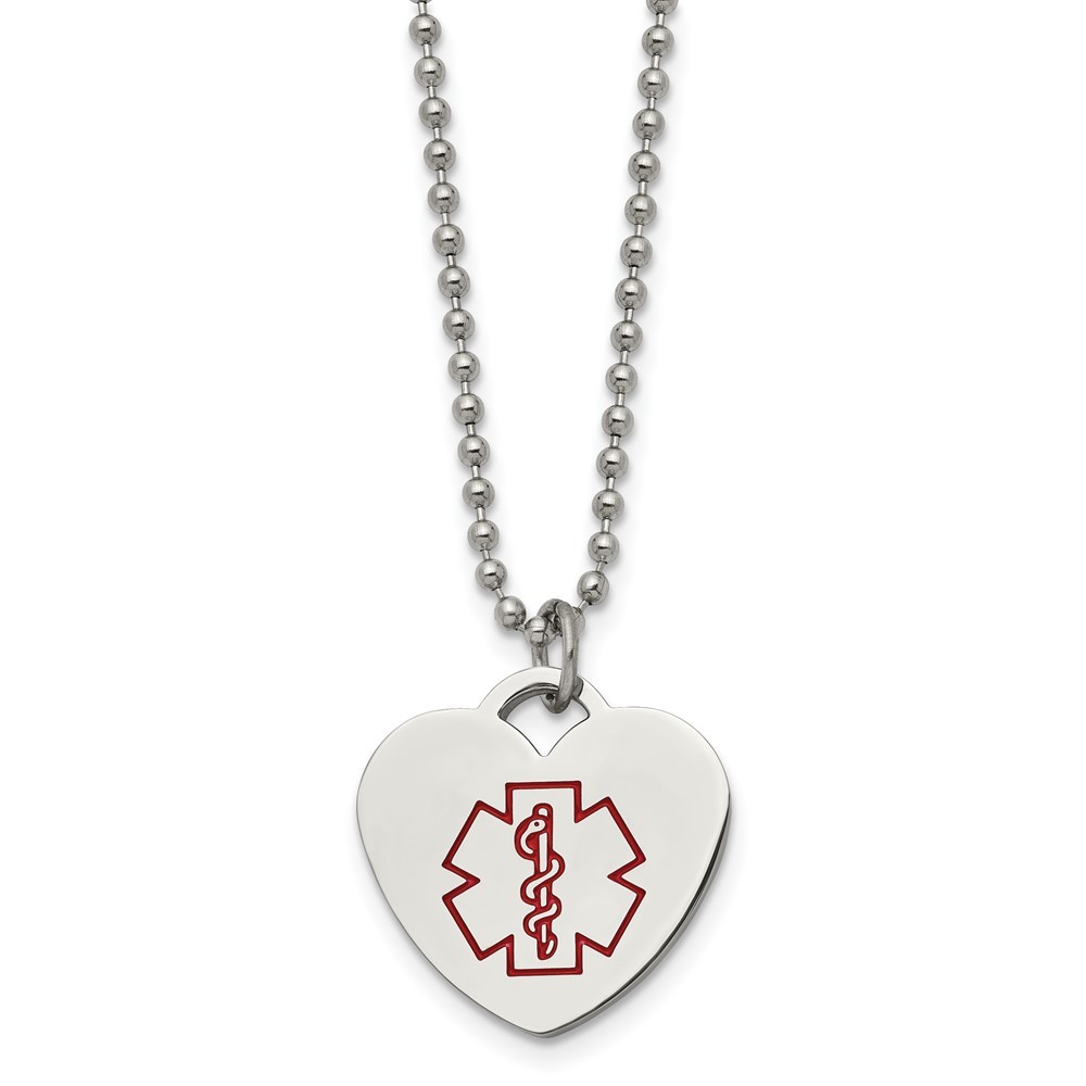 Stainless Steel Polished w/Red Enamel Heart Medical ID 22in Necklace