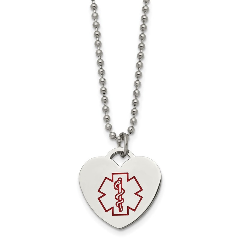 Stainless Steel Polished w/Red Enamel Heart Medical ID 22in Necklace