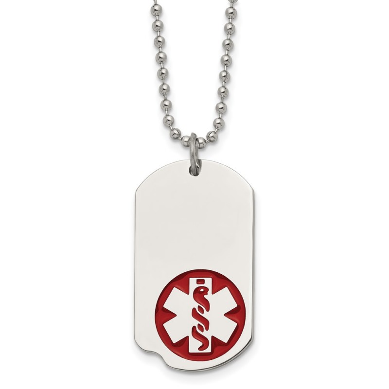 Stainless Steel Polished w/Red Enamel Medical ID 22in Necklace