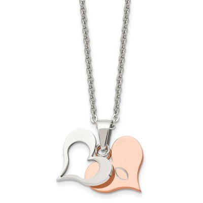 Stainless Steel Polished Rose IP-plated 2 Piece Heart 22in Necklace