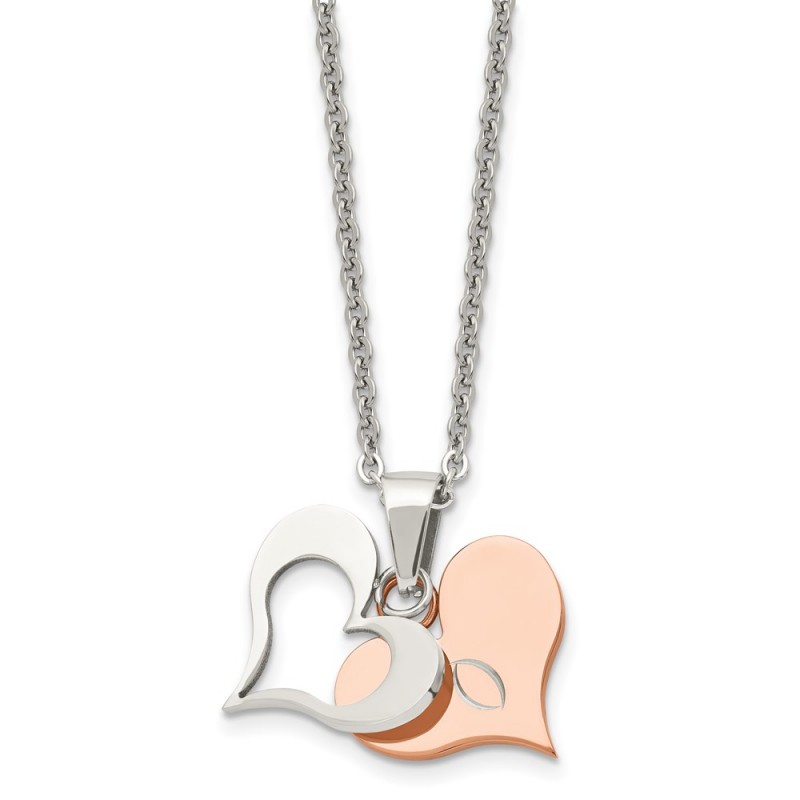 Stainless Steel Polished Rose IP-plated 2 Piece Heart 22in Necklace
