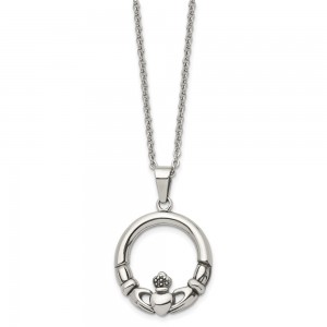 Stainless Steel Antiqued and Polished Claddagh 22in w/1in ext Necklace