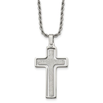 Stainless Steel Polished & Laser Cut Cross 22in Necklace
