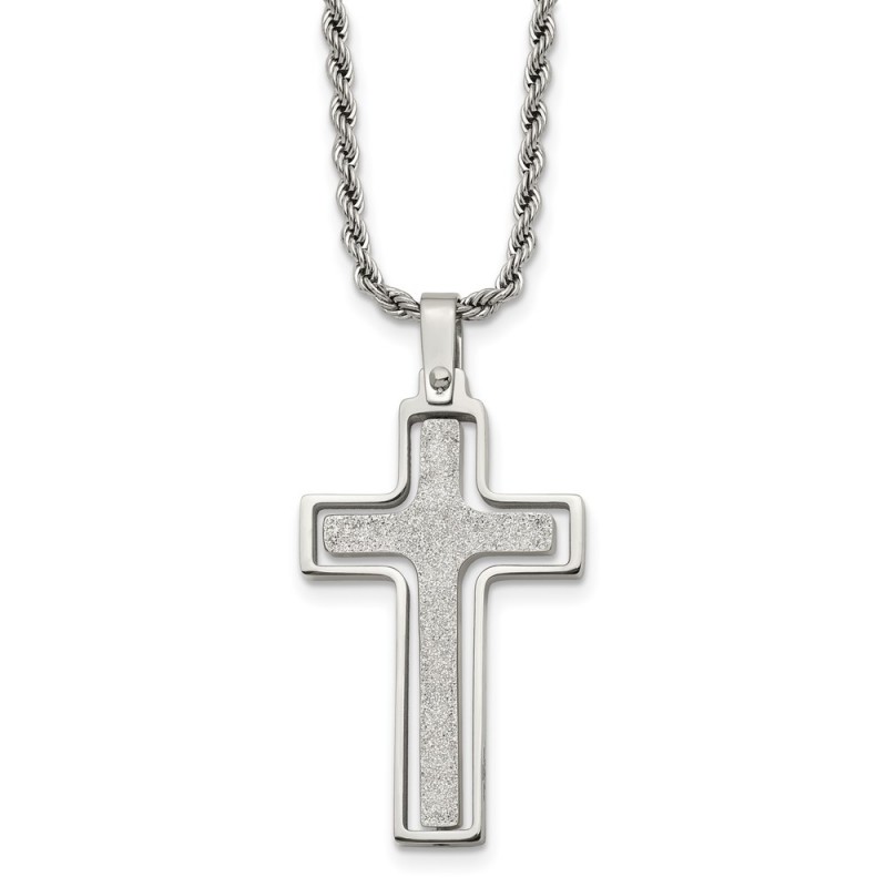Stainless Steel Polished & Laser Cut Cross 22in Necklace