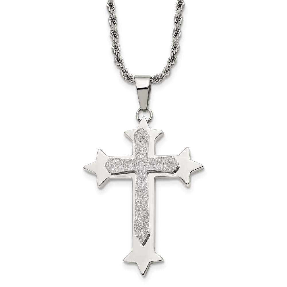 Stainless Steel Polished & Laser Cut Cross 24in Necklace