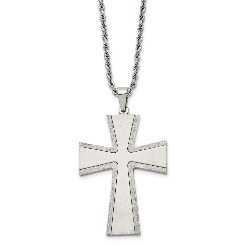 Stainless Steel Brushed w/Laser-cut Edges Cross 24in Necklace