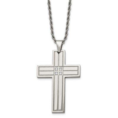 Stainless Steel Polished w/CZ Cross 24in Necklace