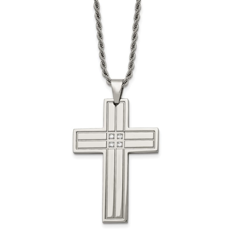 Stainless Steel Polished w/CZ Cross 24in Necklace
