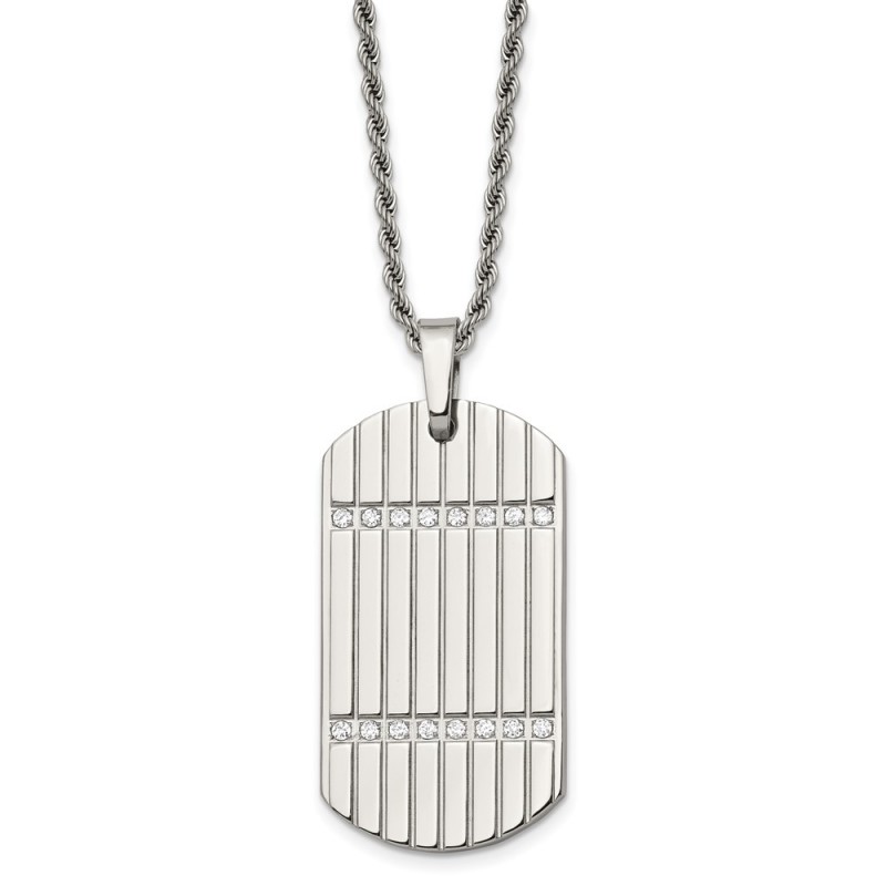 Stainless Steel 24in Polished & Textured w/CZs Dog Tag Necklace