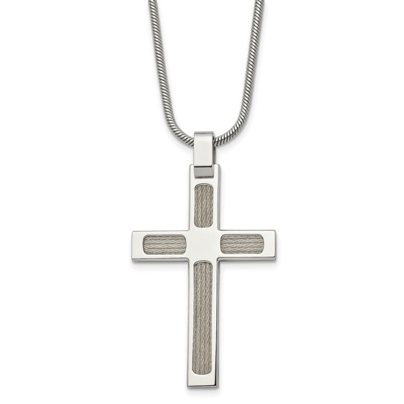 Stainless Steel Brushed and Polished w/Cable Cross 24in Necklace