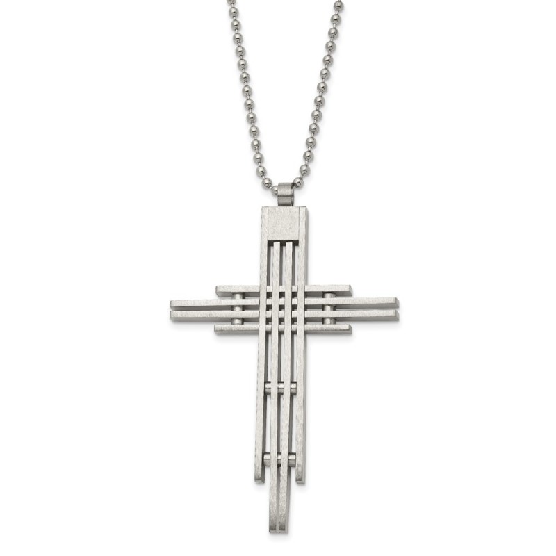 Stainless Steel Brushed and Polished Cross 24in Necklace