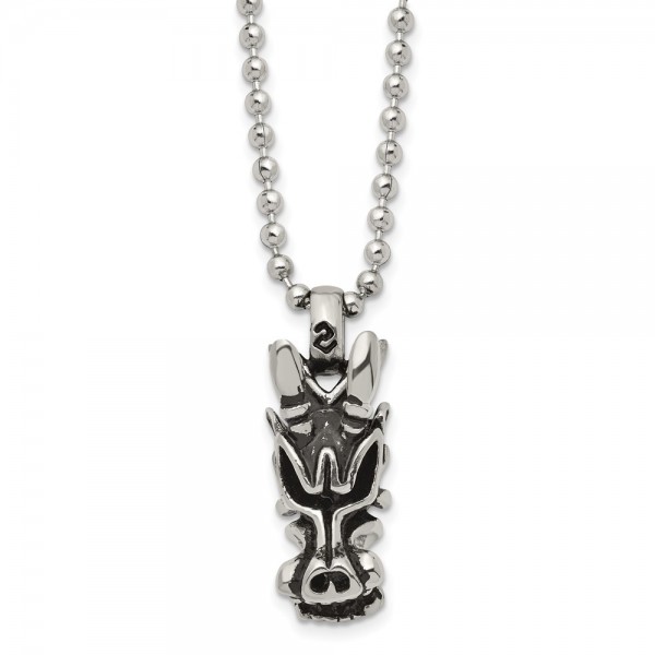 Stainless Steel Antiqued and Polished Dragon Head 22in Necklace