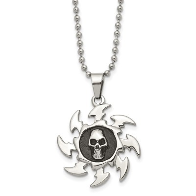 Stainless Steel Antiqued and Polished Saw Blade w/ Skull 24in Necklace