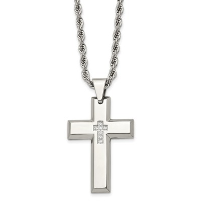 Stainless Steel Polished w/CZ Cross 24in Necklace
