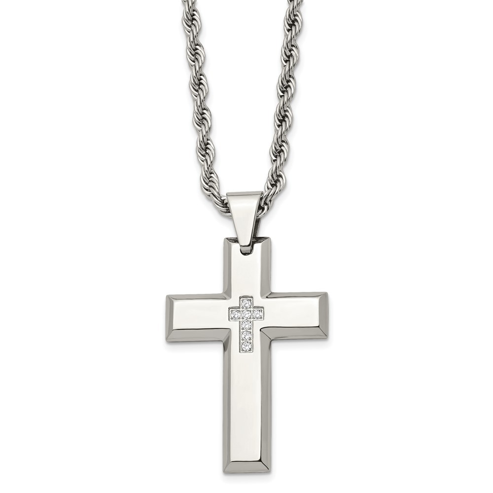 Stainless Steel Polished w/CZ Cross 24in Necklace