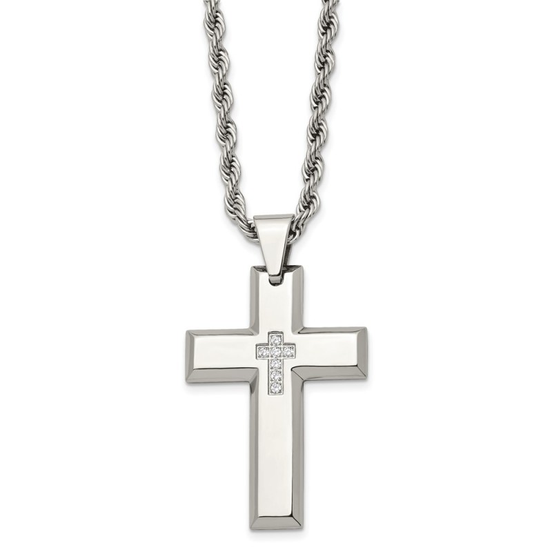 Stainless Steel Polished w/CZ Cross 24in Necklace
