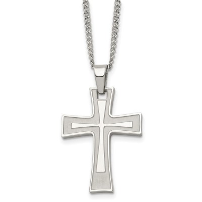 Stainless Steel Brushed and Polished Cross 24in Necklace