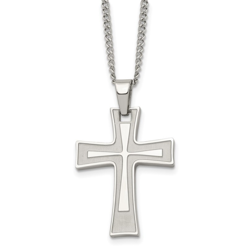 Stainless Steel Brushed and Polished Cross 24in Necklace