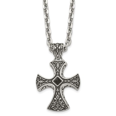 Stainless Steel Antiqued and Brushed w/Black Agate Cross 24in Necklace